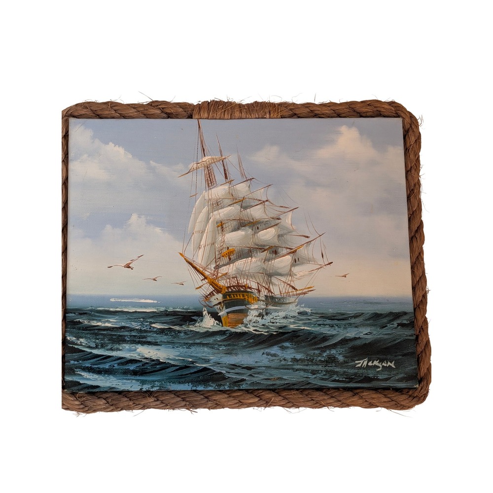 Vintage Nautical Ship Oil Painting on Canvas Rope Frame Signed Jackson 10x8